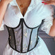 Top Floral Embroidery Sheer Mesh Lace-up Corset